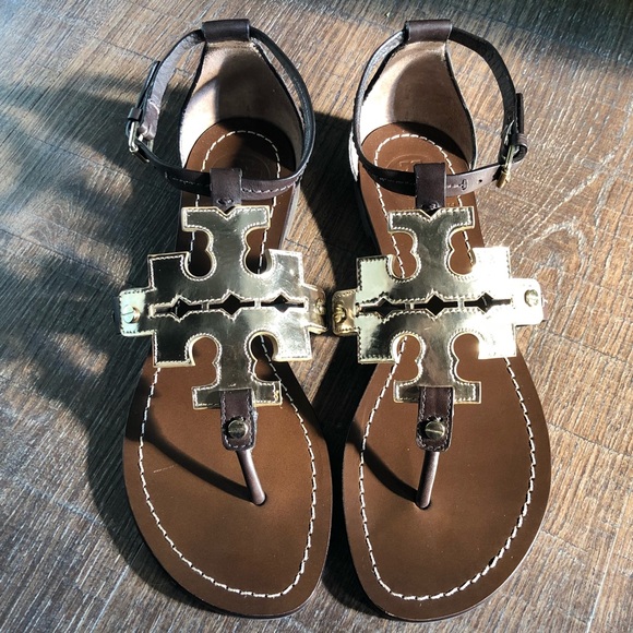 Tory Burch Shoes - RARE Tori Burch Flat Sandals 7.5 Gold Dark Brown